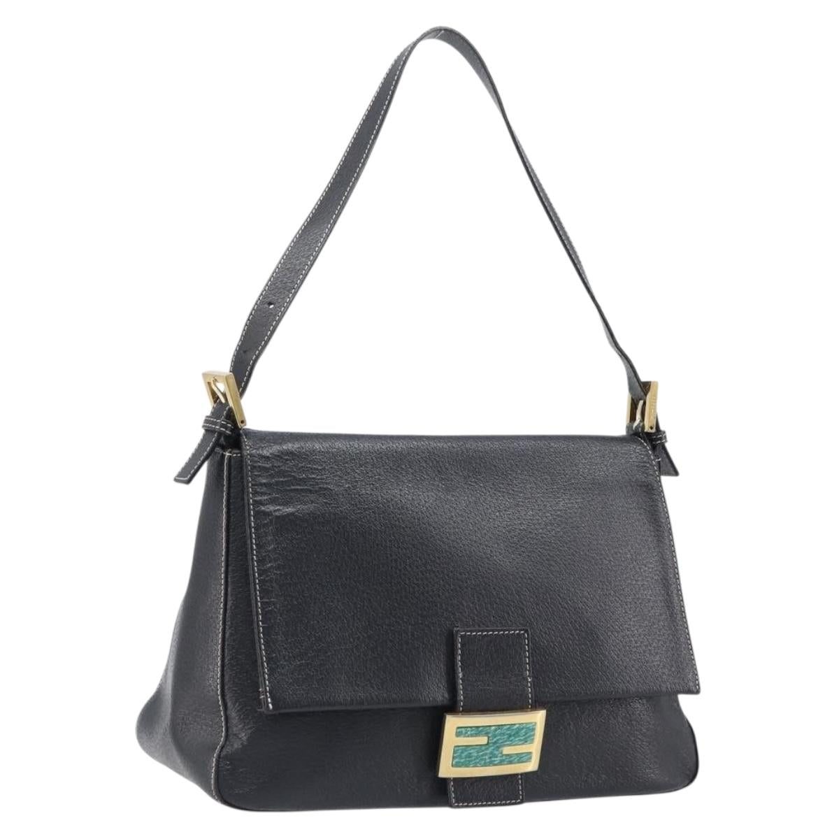 FENDI Mamma Baguette Shoulder Bag Leather Black Gold Auth yk20713M