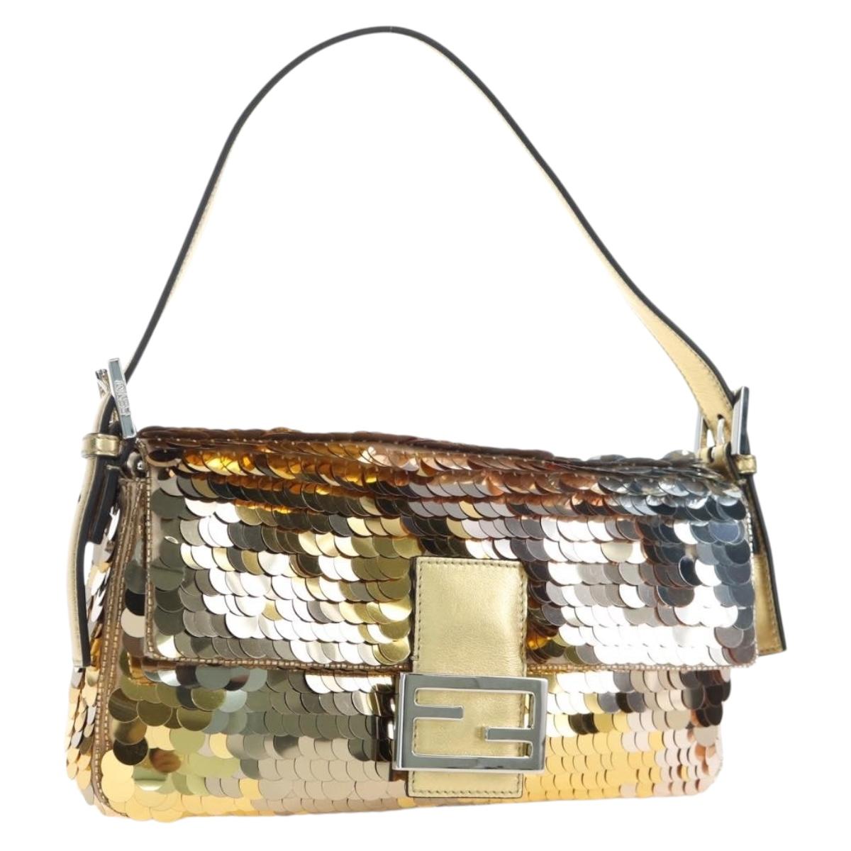FENDI Mamma Baguette Shoulder Bag Sequin Leather Gold Tone Auth yk20723SM