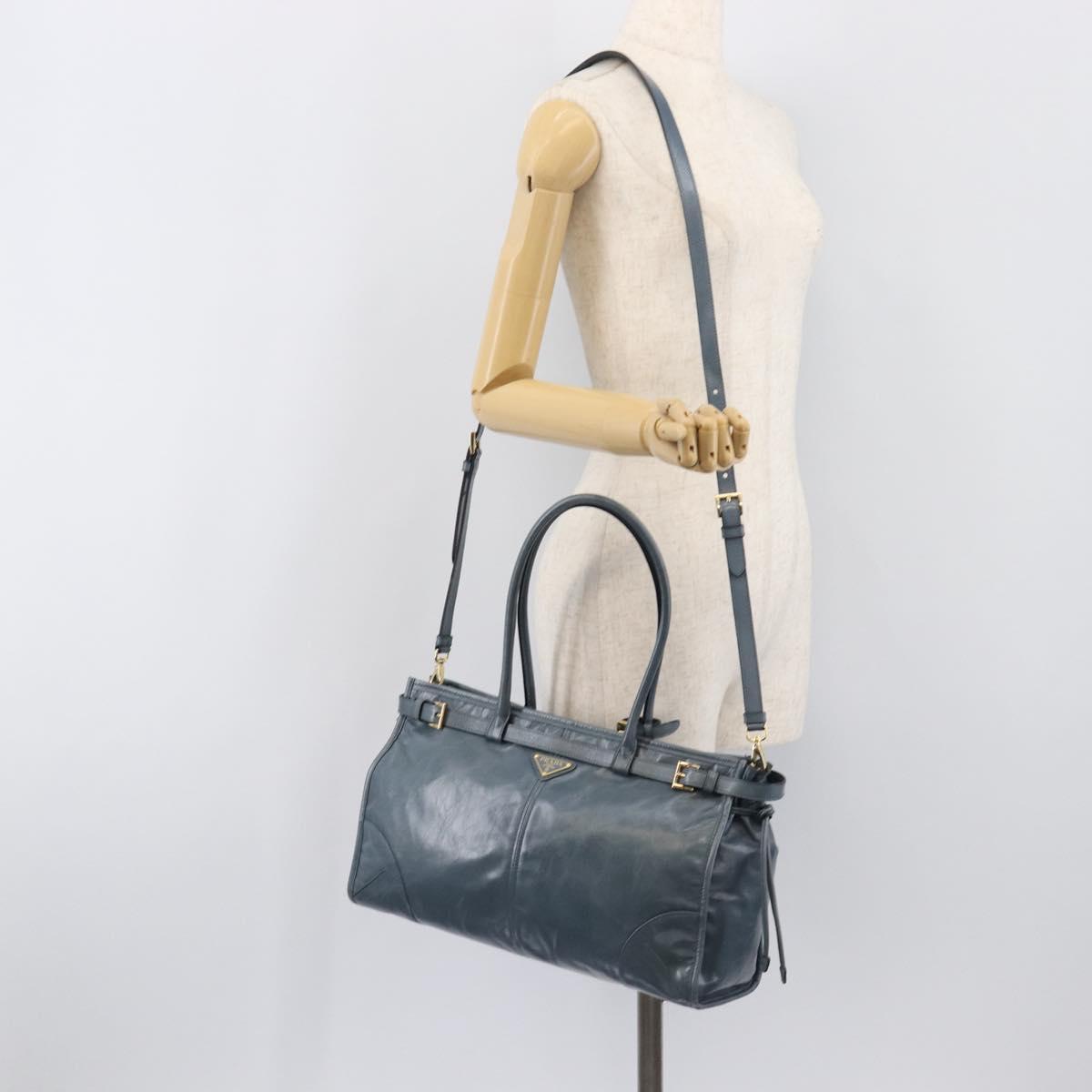 PRADA Bonnie Large Hand Bag Leather 2way Blue Gold Auth yk20726SAM