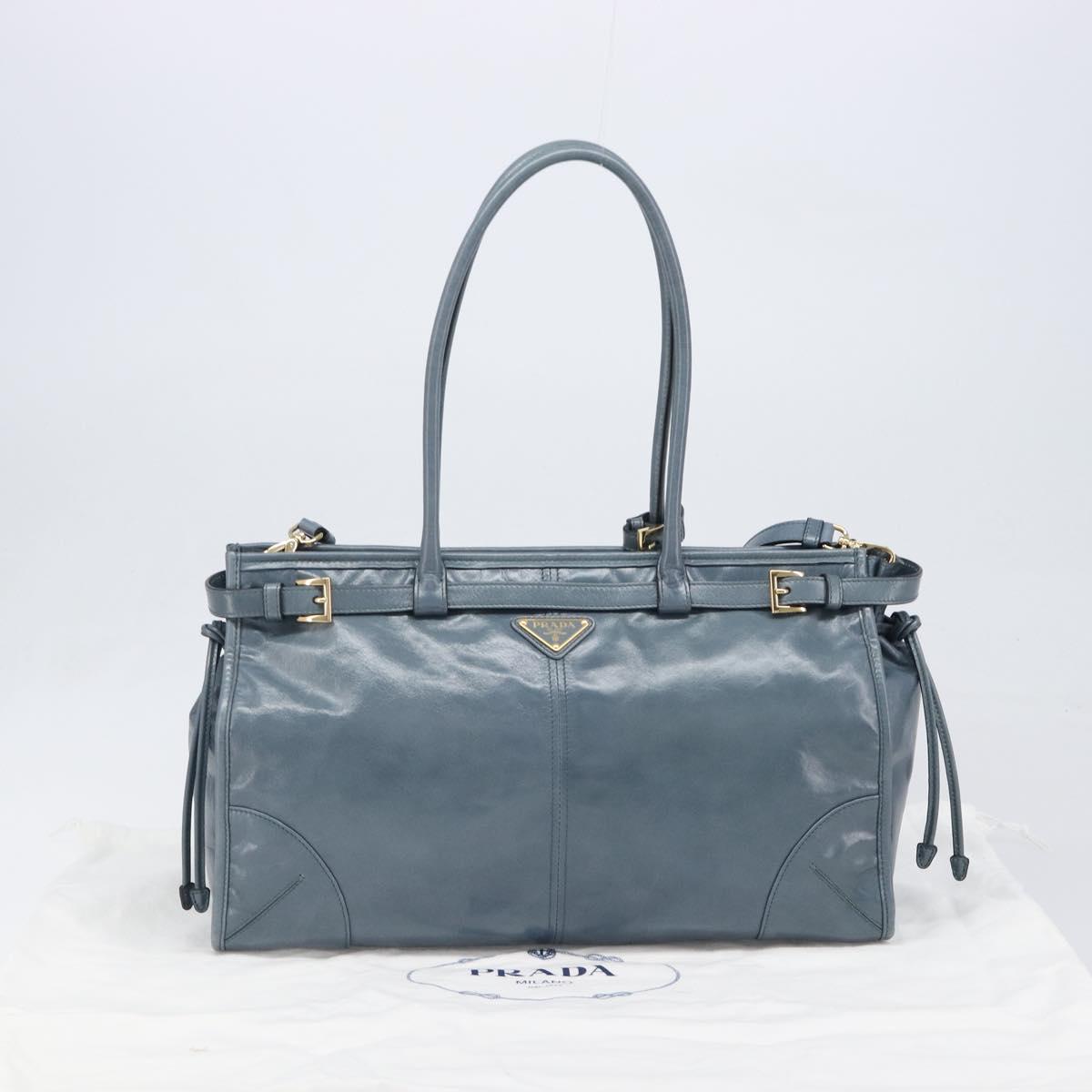 PRADA Bonnie Large Hand Bag Leather 2way Blue Gold Auth yk20726SAM
