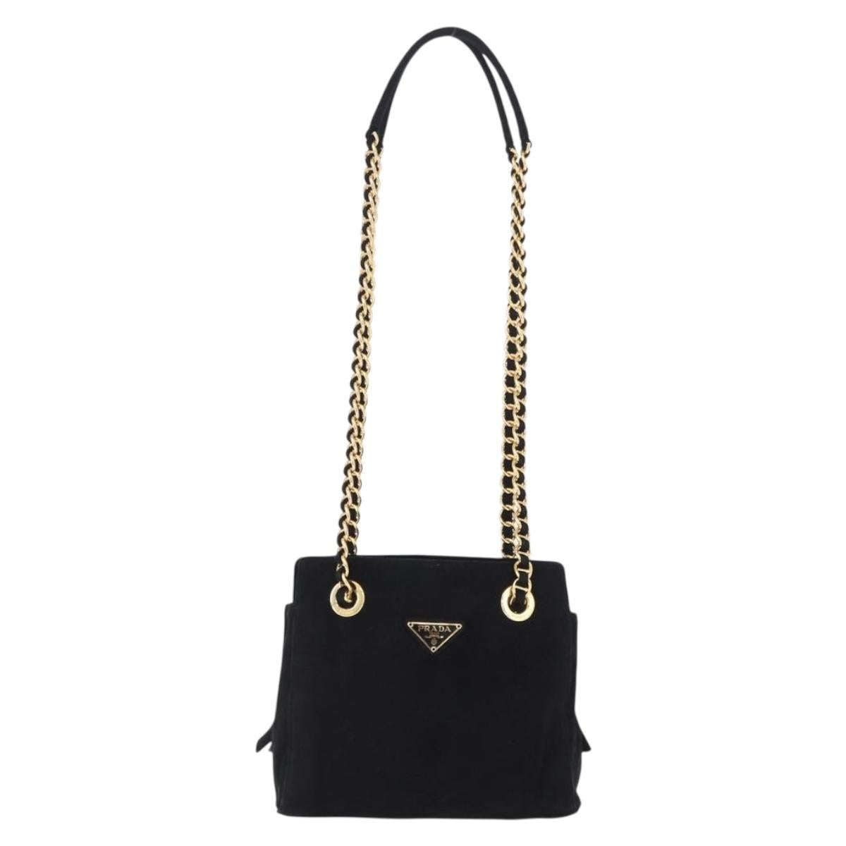 PRADA Chain Shoulder Bag Suede Black Gold Auth yk20760V