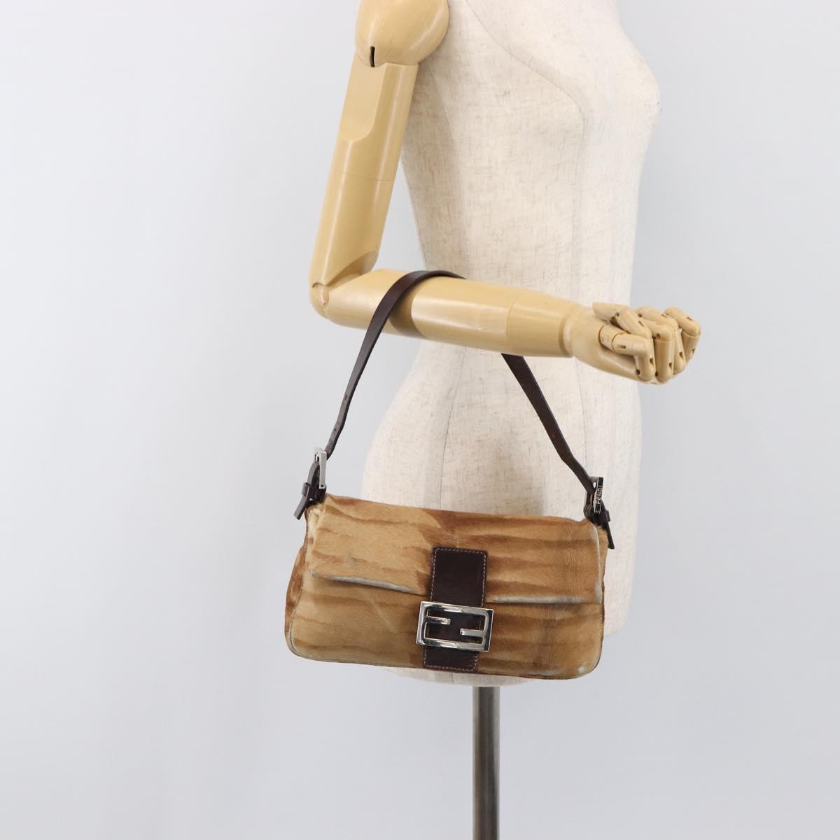 FENDI Mamma Baguette Hand Bag Harako Leather Brown Silver Auth yk20783A