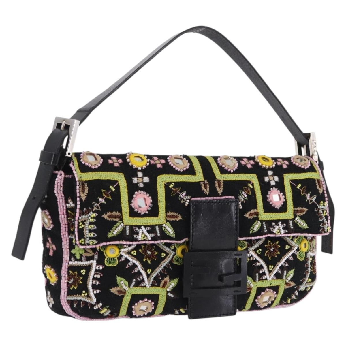 FENDI Mamma Baguette Shoulder Bag Canvas Beads Multicolor Silver Auth yk20784SAM