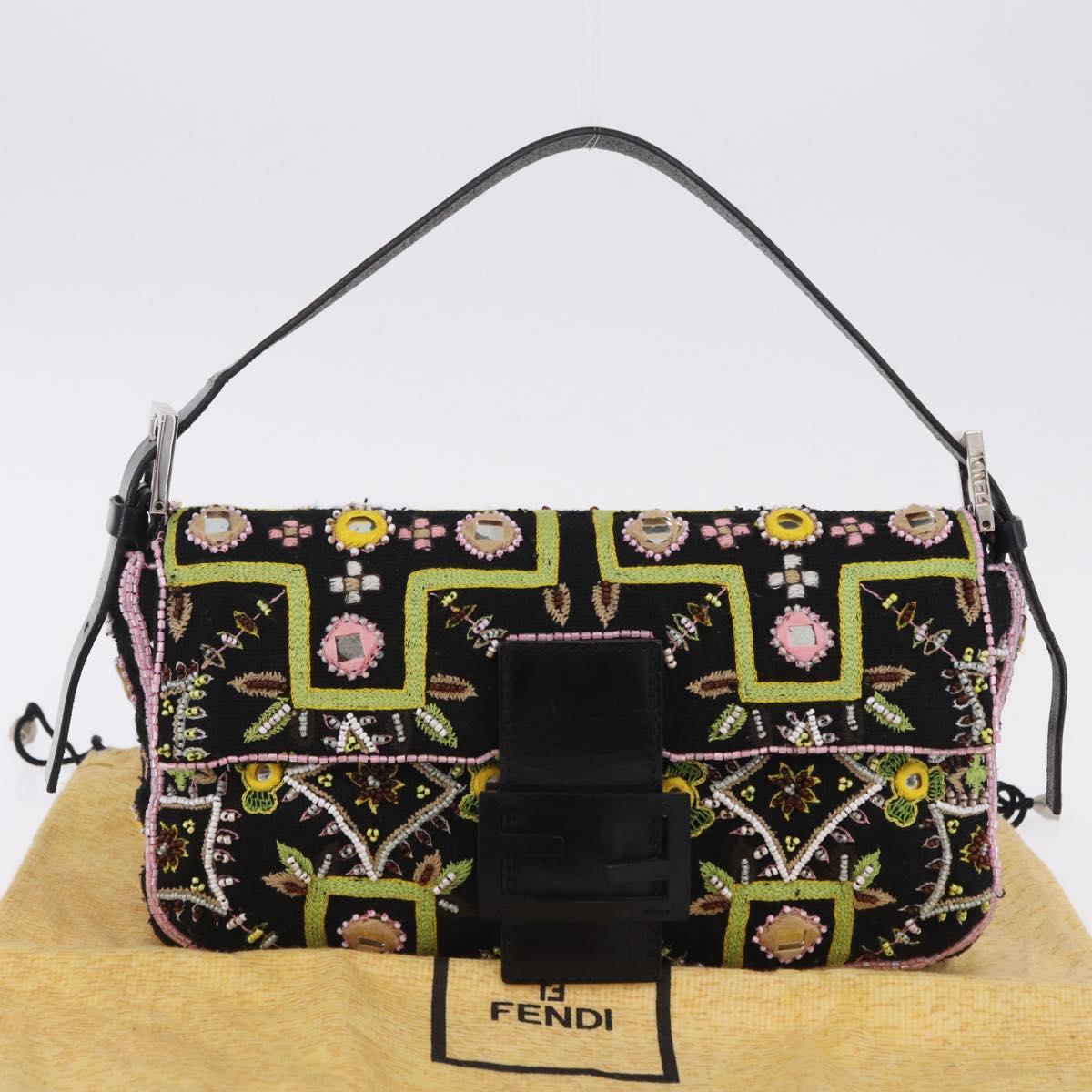 FENDI Mamma Baguette Shoulder Bag Canvas Beads Multicolor Silver Auth yk20784SAM