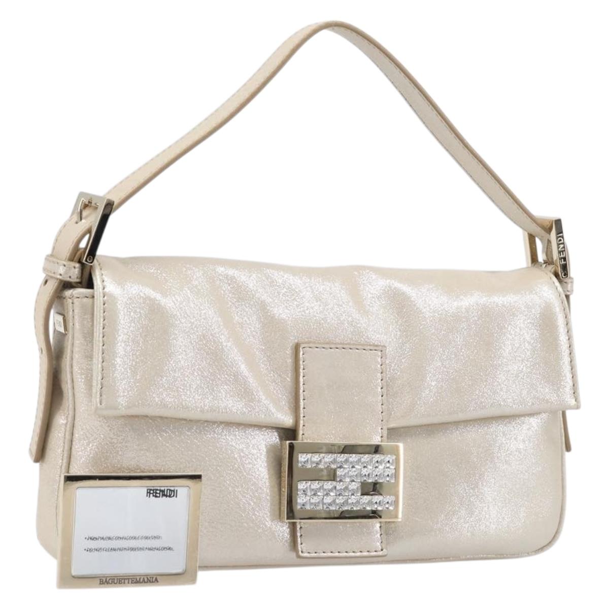 FENDI Rhinestone Mamma Baguette Shoulder Bag Leather Gold Tone Auth yk20787SM