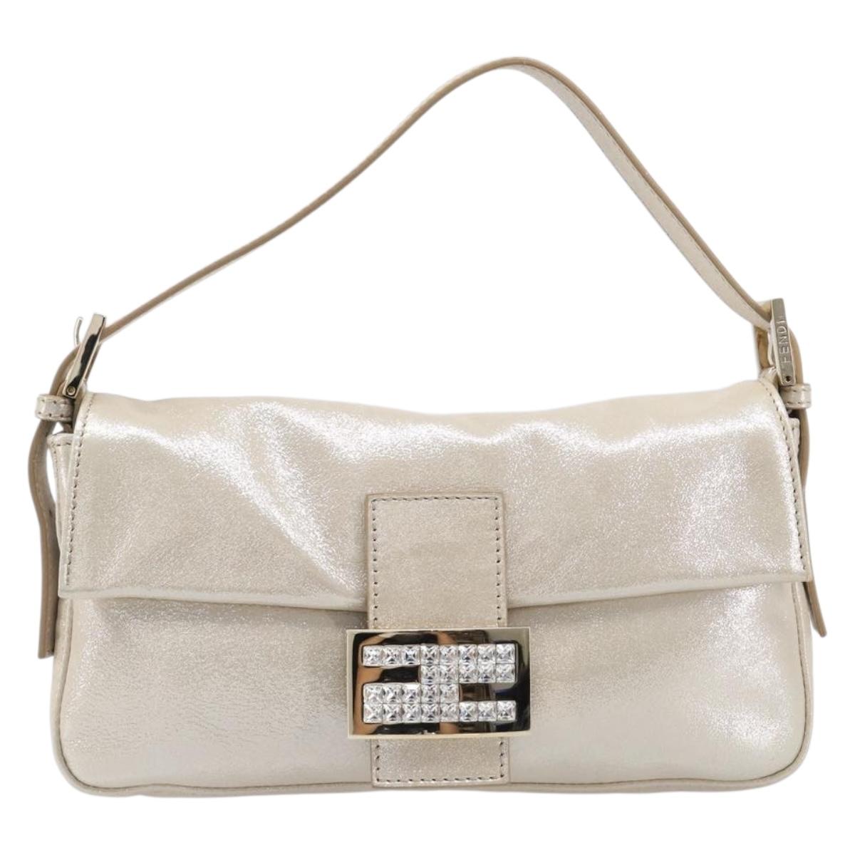 FENDI Rhinestone Mamma Baguette Shoulder Bag Leather Gold Tone Auth yk20787SM