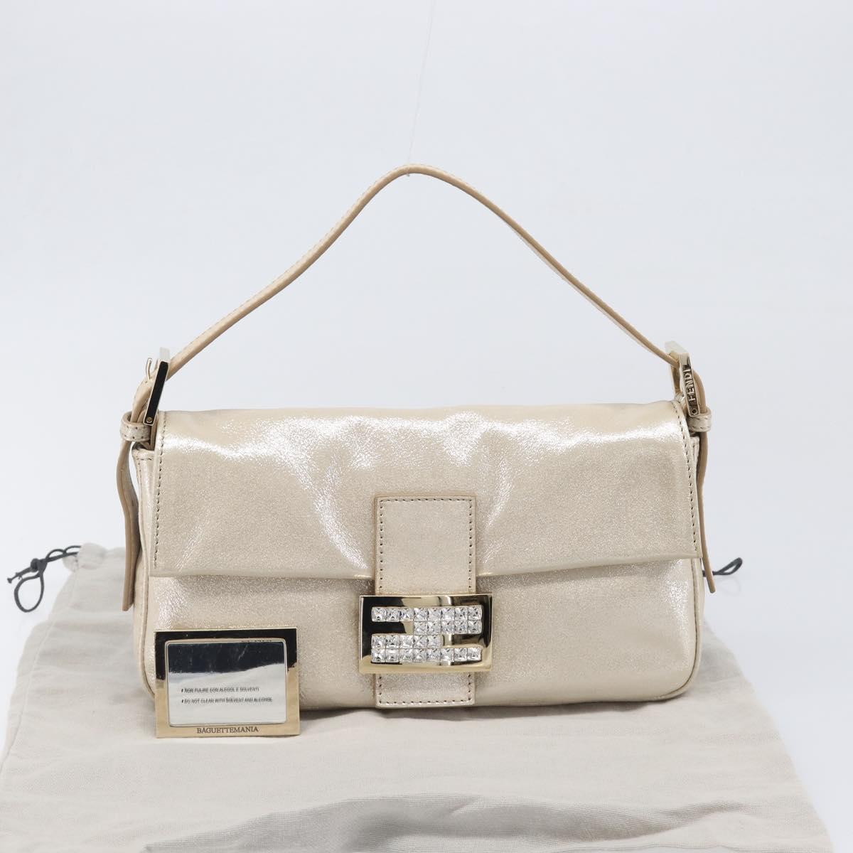 FENDI Rhinestone Mamma Baguette Shoulder Bag Leather Gold Tone Auth yk20787SM
