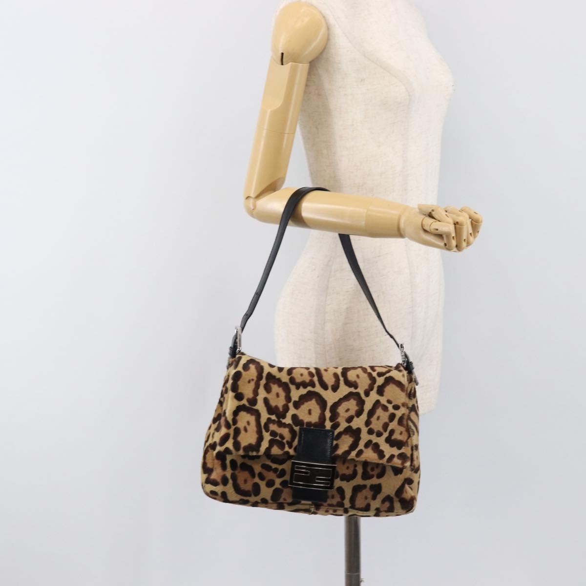 FENDI Leopard Pattern Mamma Baguette Bag Harako Leather Brown Auth yk20791SAM