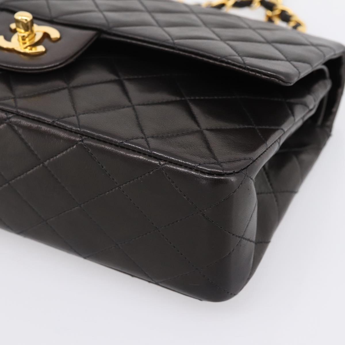 CHANEL Double Flap Chain Matelasse 25 Bag Lamb Skin Black Gold Auth yk20797SAM