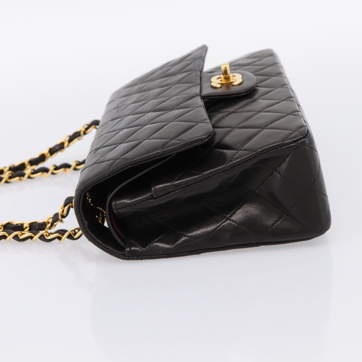 CHANEL Double Flap Chain Matelasse 25 Bag Lamb Skin Black Gold Auth yk20797SAM