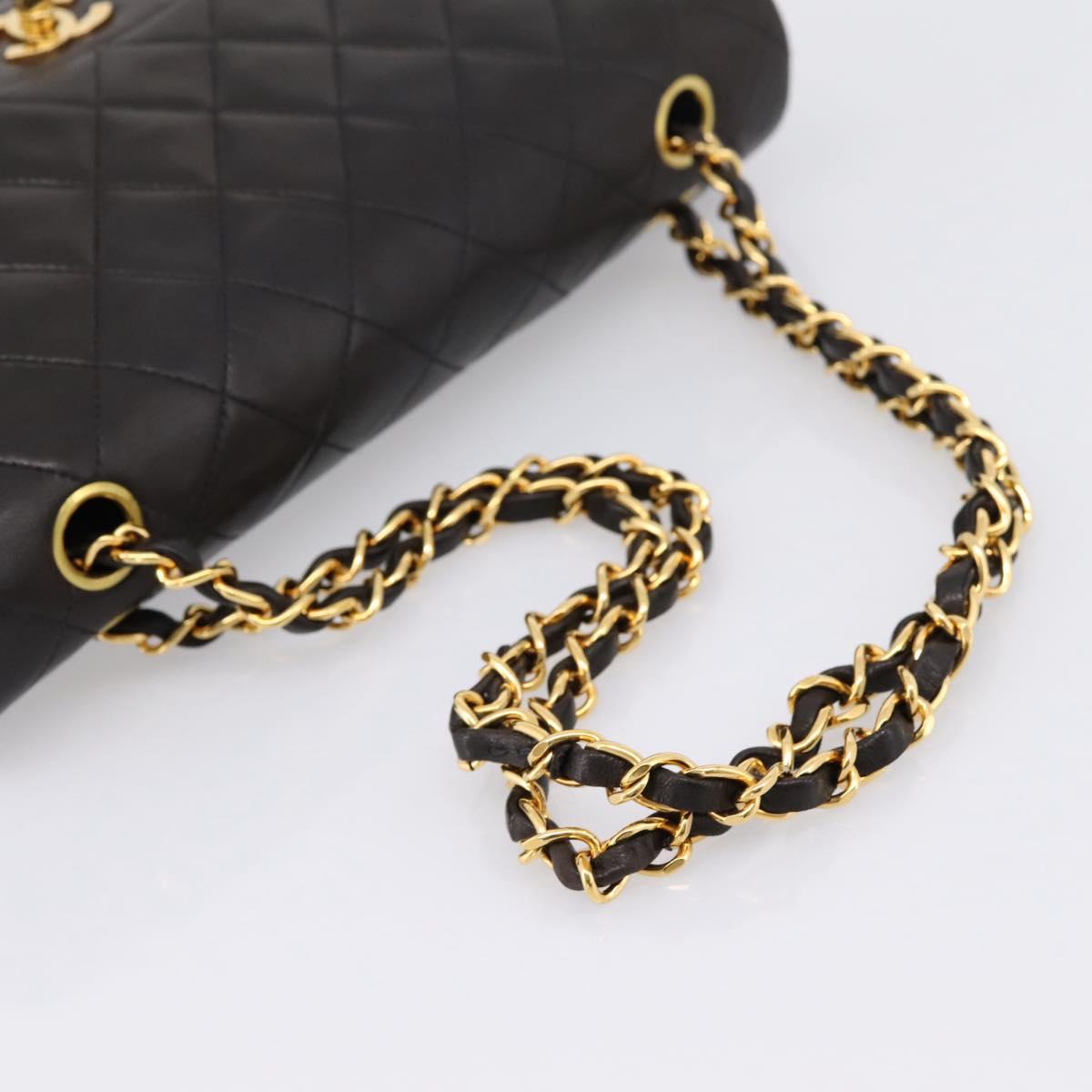 CHANEL Double Flap Chain Matelasse 25 Bag Lamb Skin Black Gold Auth yk20797SAM