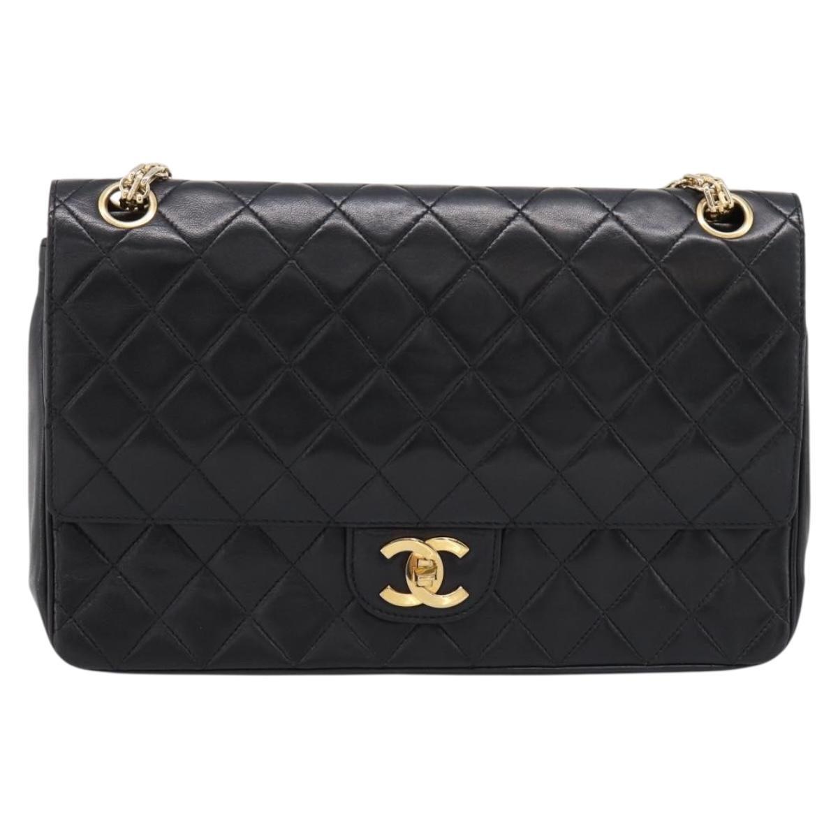 CHANEL Double Flap Chain Matelasse Bag Lamb Skin Black Gold CC Auth yk20806V