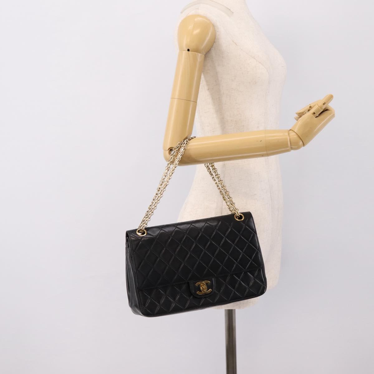 CHANEL Double Flap Chain Matelasse Bag Lamb Skin Black Gold CC Auth yk20806V