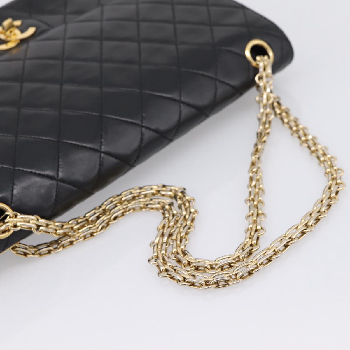 CHANEL Double Flap Chain Matelasse Bag Lamb Skin Black Gold CC Auth yk20806V