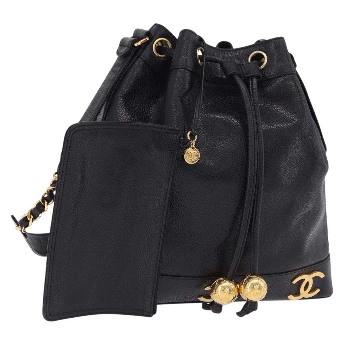 CHANEL Triple Coco Chain Shoulder Bag Caviar Skin Black Gold CC Auth yk20817SAV