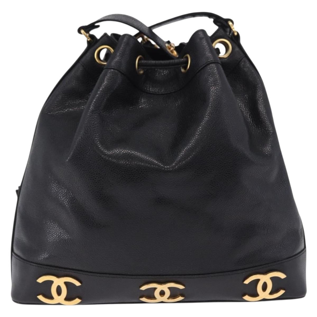 CHANEL Triple Coco Chain Shoulder Bag Caviar Skin Black Gold CC Auth yk20817SAV