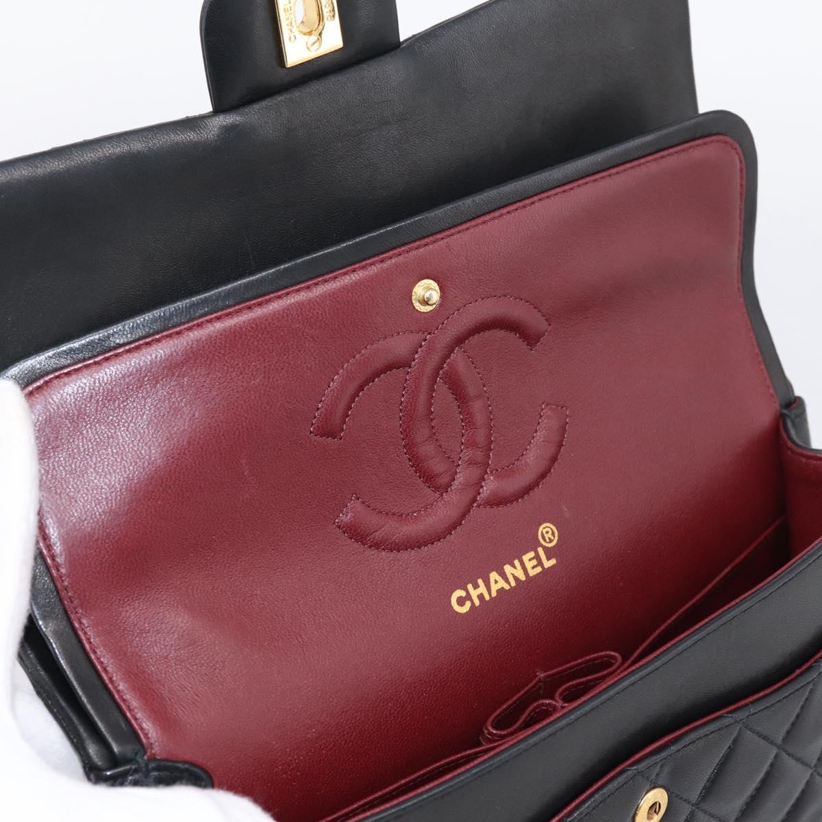 CHANEL Double Flap Chain Matelasse 25 Bag Lamb Skin Black Gold CC Auth yk20822SM