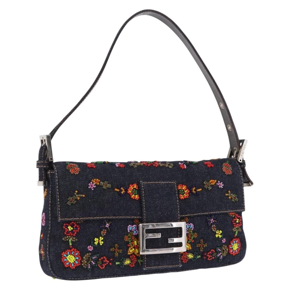 FENDI Mamma Baguette Shoulder Bag Denim Beads Multicolor Silver Auth yk20851SM