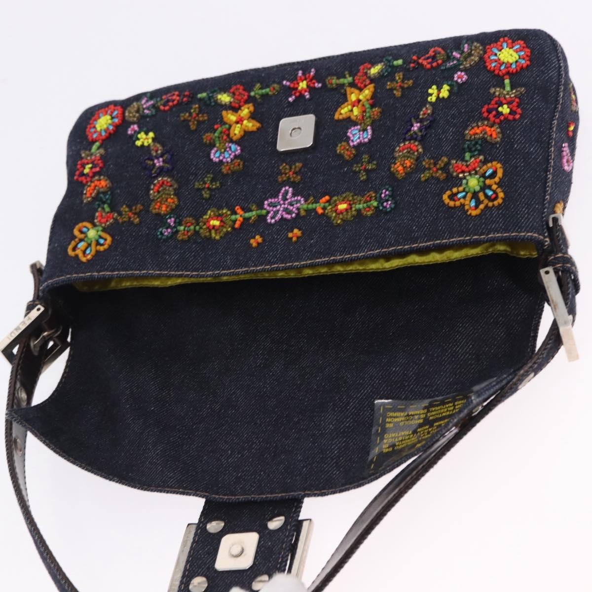 FENDI Mamma Baguette Shoulder Bag Denim Beads Multicolor Silver Auth yk20851SM