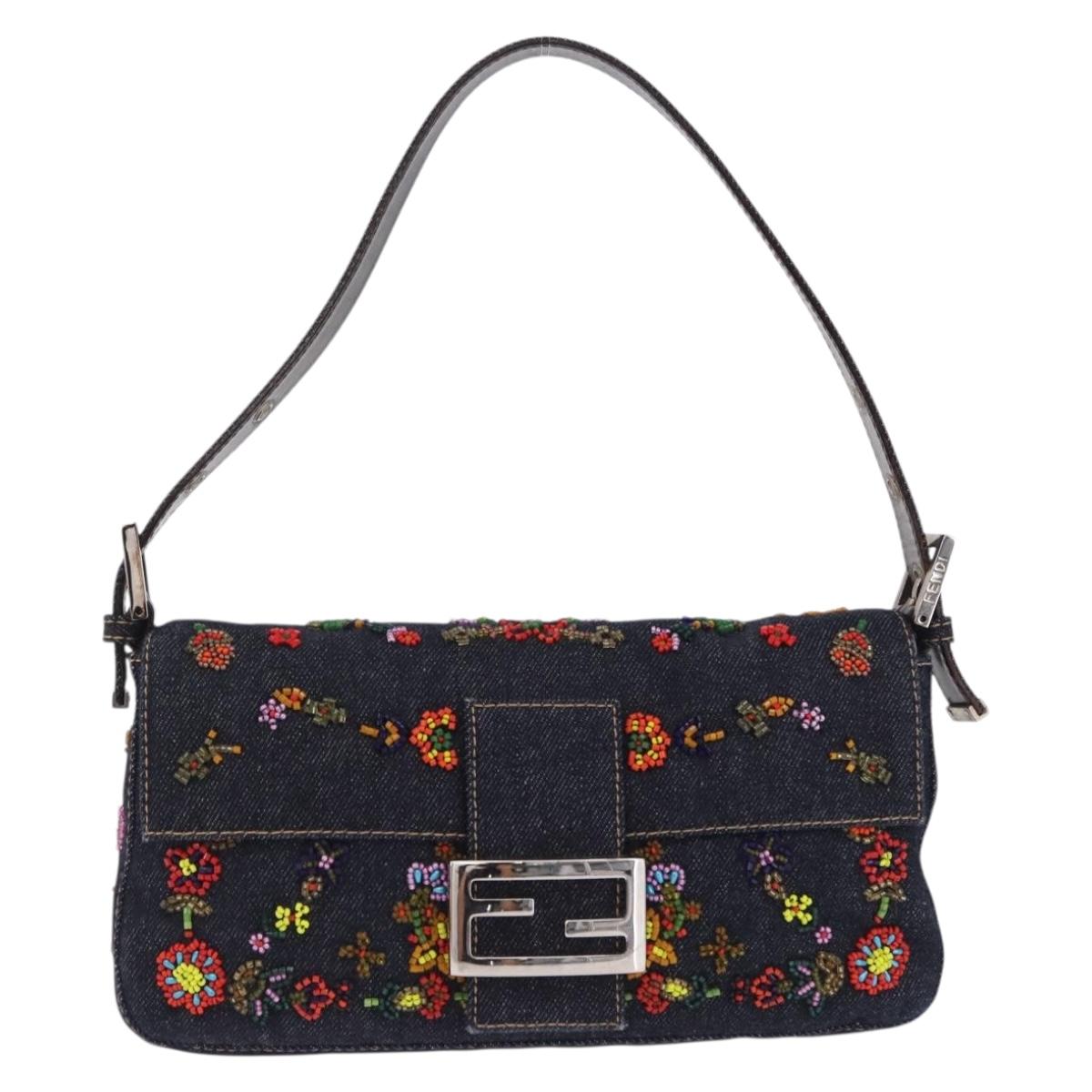 FENDI Mamma Baguette Shoulder Bag Denim Beads Multicolor Silver Auth yk20851SM