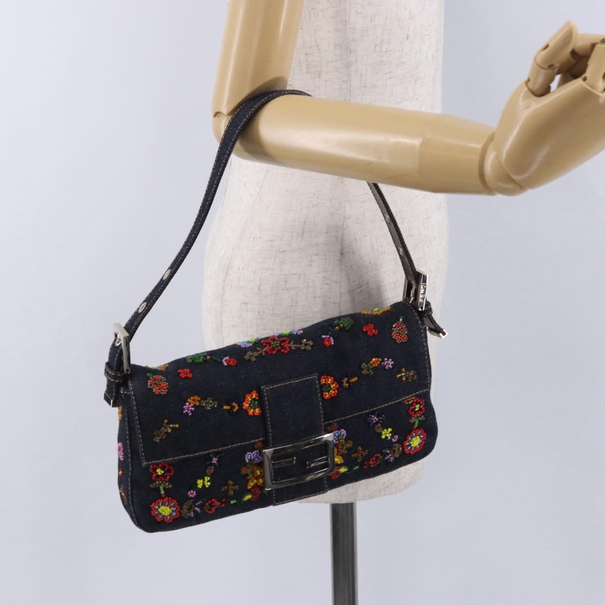 FENDI Mamma Baguette Shoulder Bag Denim Beads Multicolor Silver Auth yk20851SM