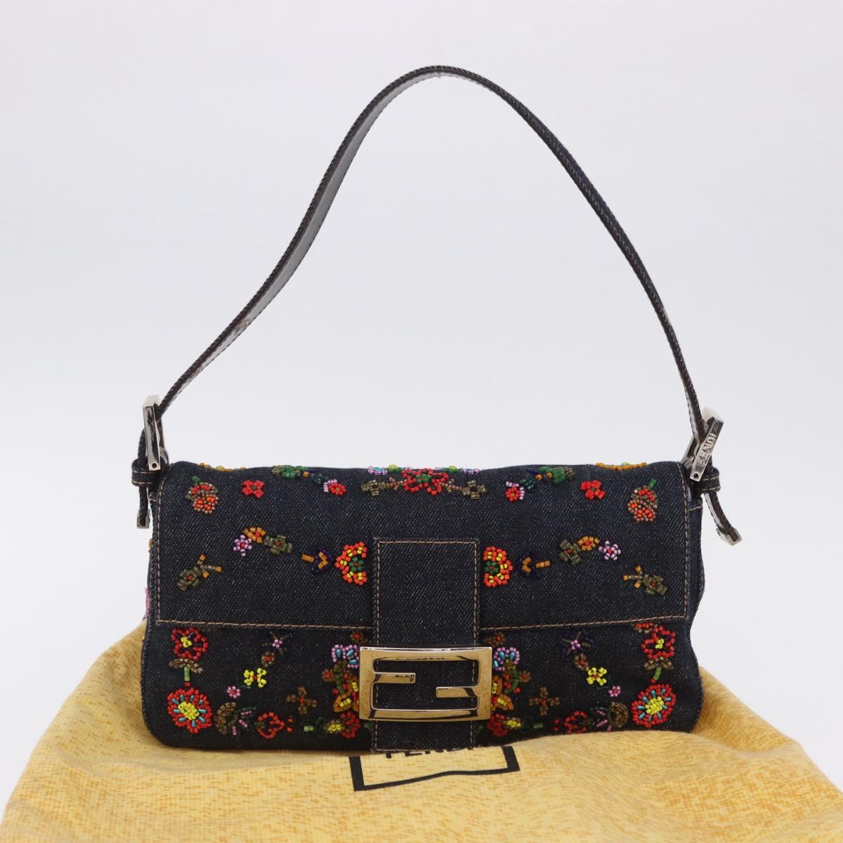 FENDI Mamma Baguette Shoulder Bag Denim Beads Multicolor Silver Auth yk20851SM