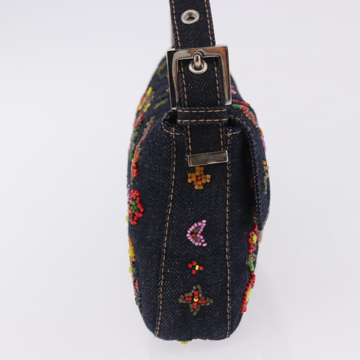 FENDI Mamma Baguette Shoulder Bag Denim Beads Multicolor Silver Auth yk20851SM