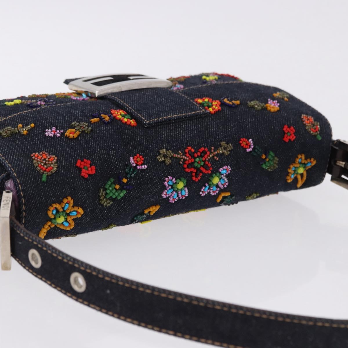 FENDI Mamma Baguette Shoulder Bag Denim Beads Multicolor Silver Auth yk20851SM