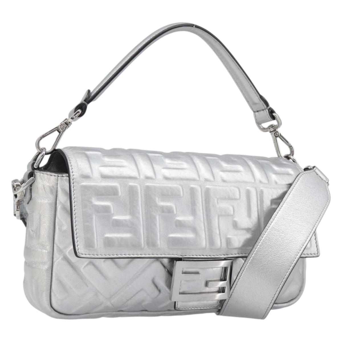 FENDI Zucca Mamma Baguette Shoulder Bag Leather Silver 8BR600 Auth yk20852SAM