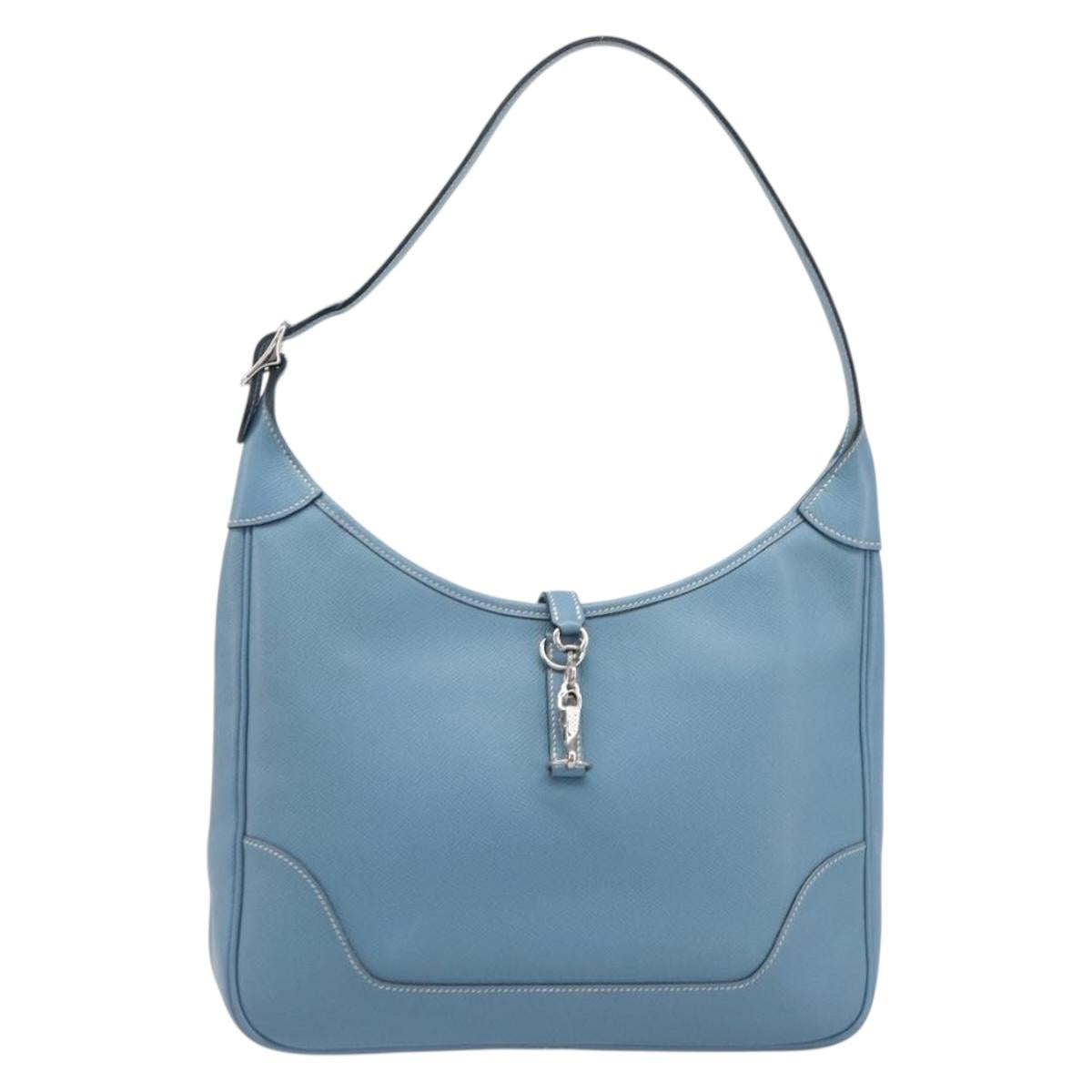 HERMES Epsom Trim 31 Shoulder Bag Leather Blue Silver Auth yk20897M