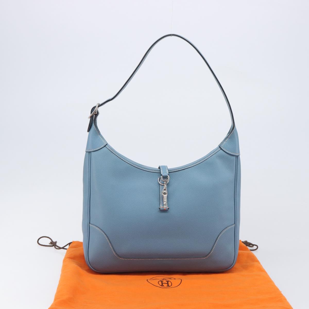 HERMES Epsom Trim 31 Shoulder Bag Leather Blue Silver Auth yk20897M