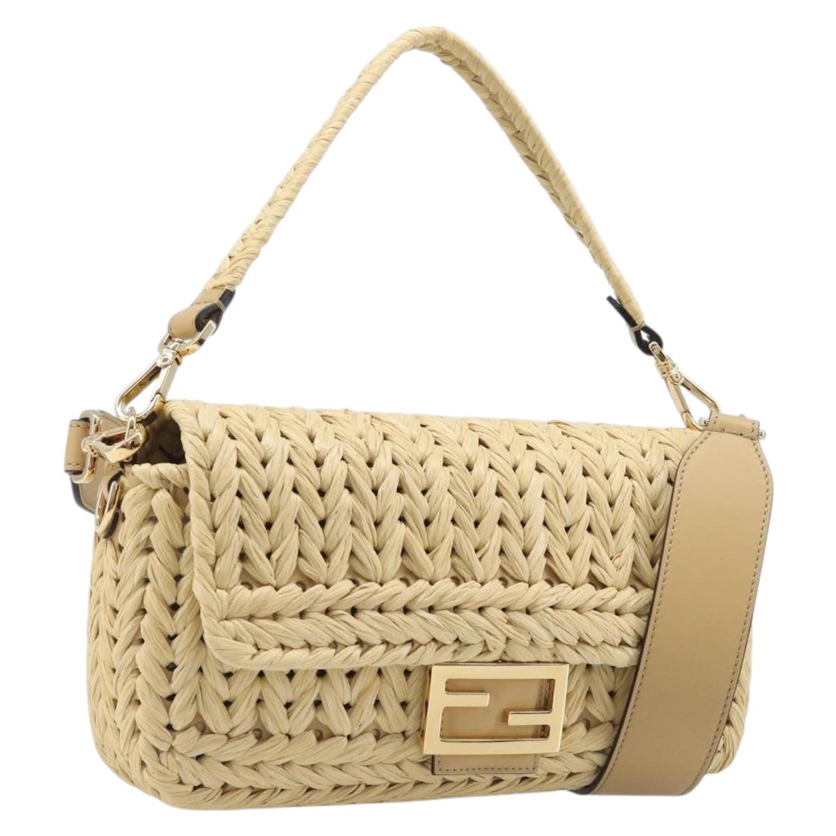 FENDI Mamma Baguette Shoulder Bag Raffia 2way Beige Gold Auth yk20905SAM
