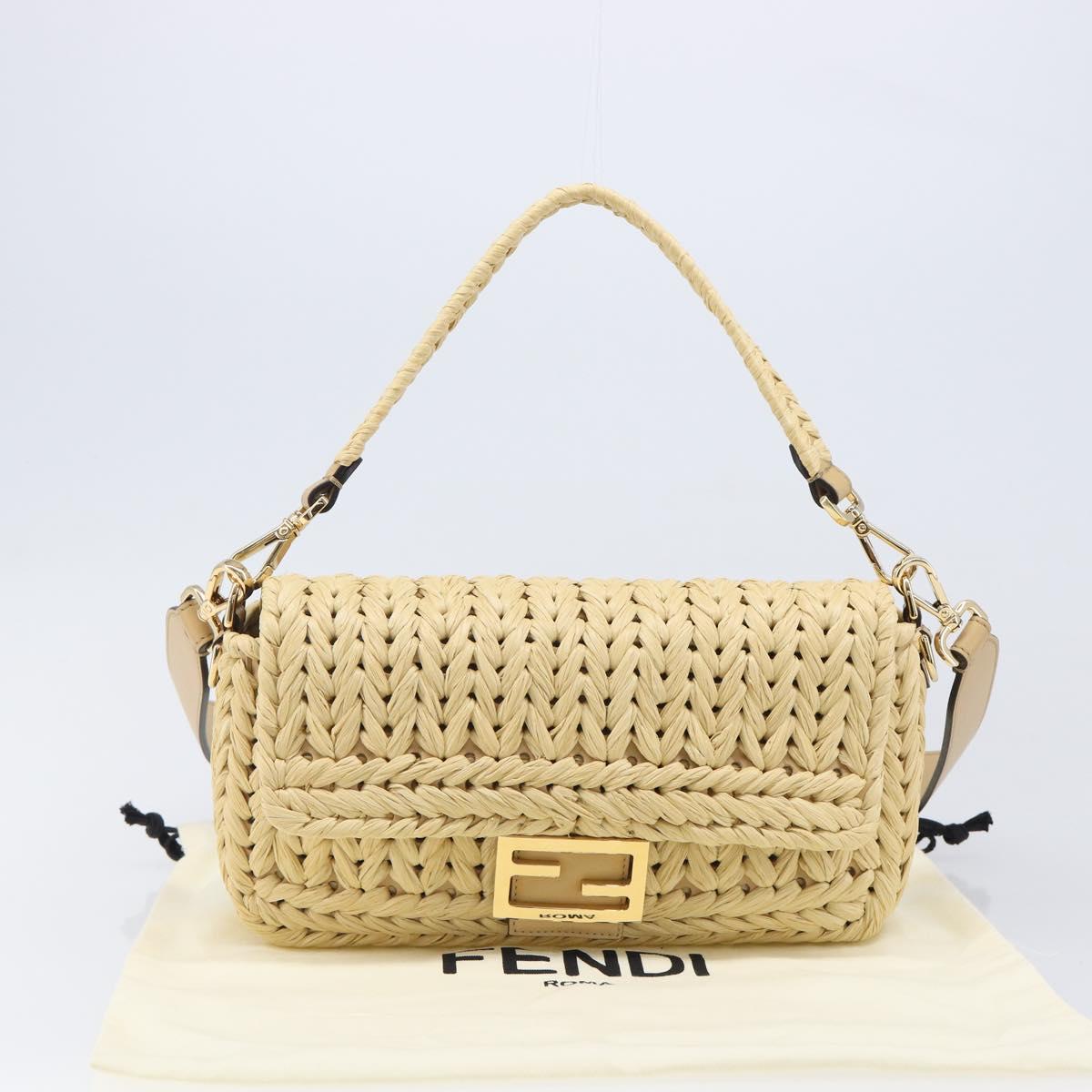 FENDI Mamma Baguette Shoulder Bag Raffia 2way Beige Gold Auth yk20905SAM