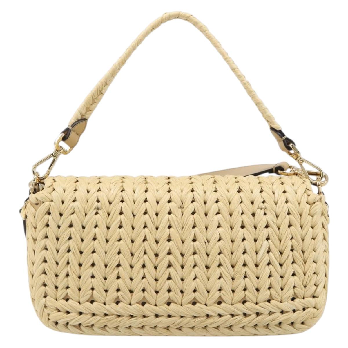 FENDI Mamma Baguette Shoulder Bag Raffia 2way Beige Gold Auth yk20905SAM