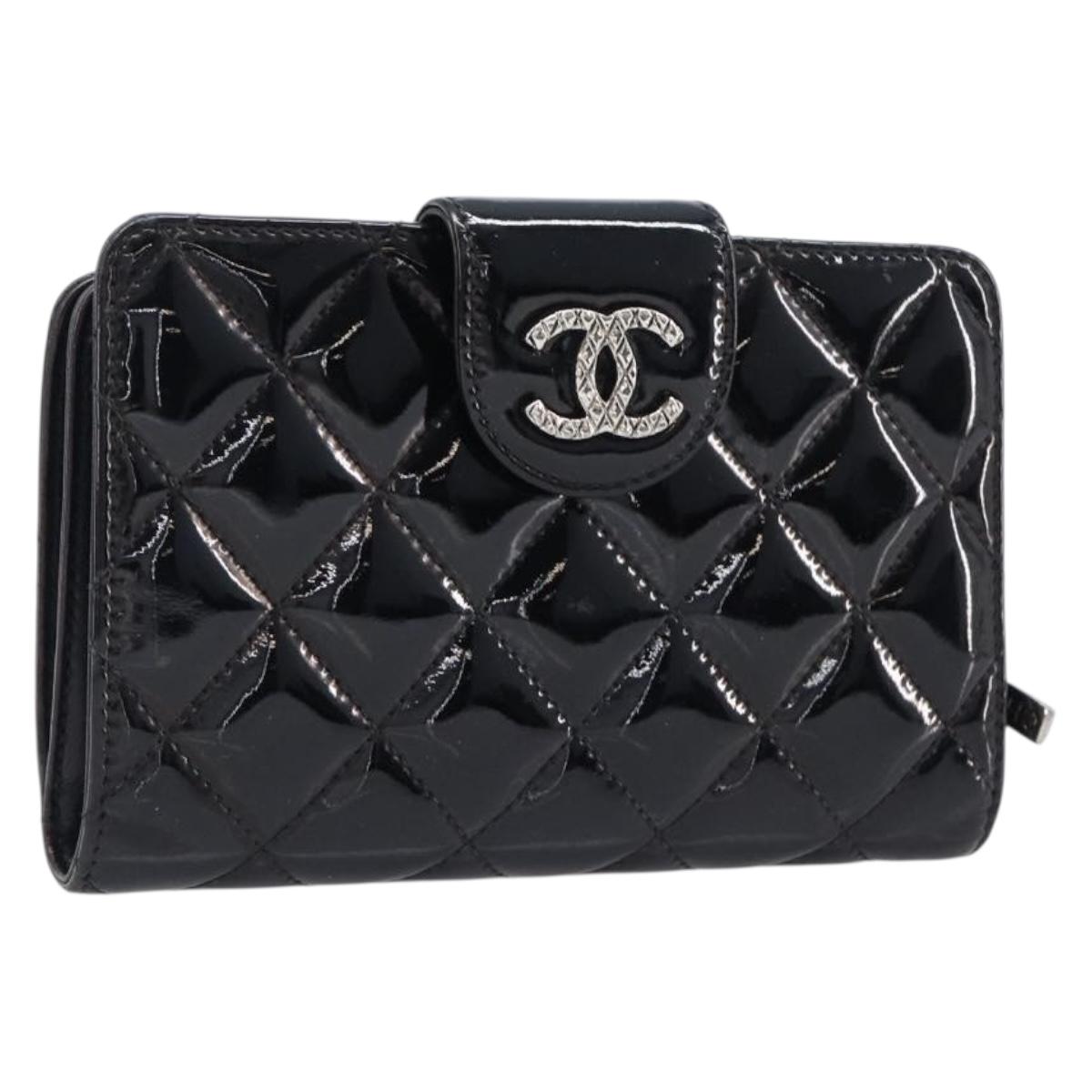 CHANEL Matelasse Wallet Patent Leather Black Silver CC Auth yk20916A