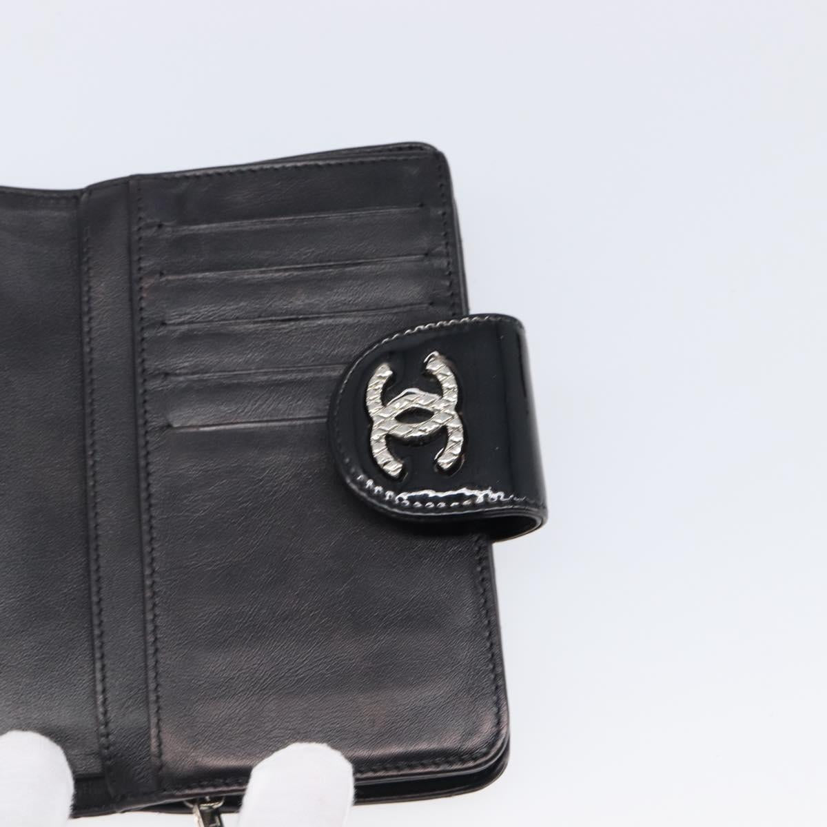 CHANEL Matelasse Wallet Patent Leather Black Silver CC Auth yk20916A
