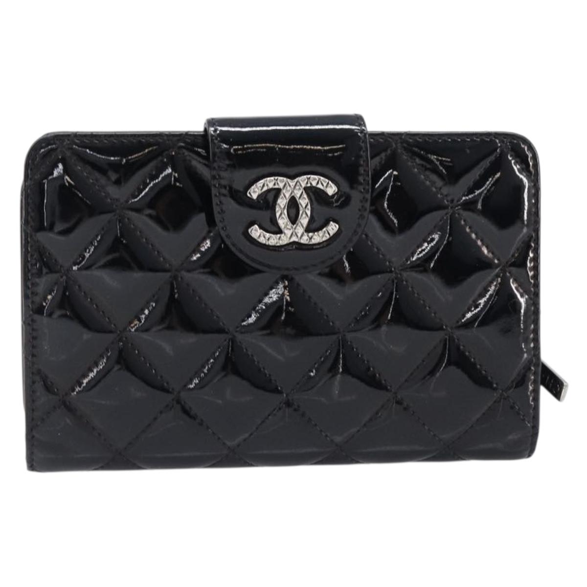 CHANEL Matelasse Wallet Patent Leather Black Silver CC Auth yk20916A