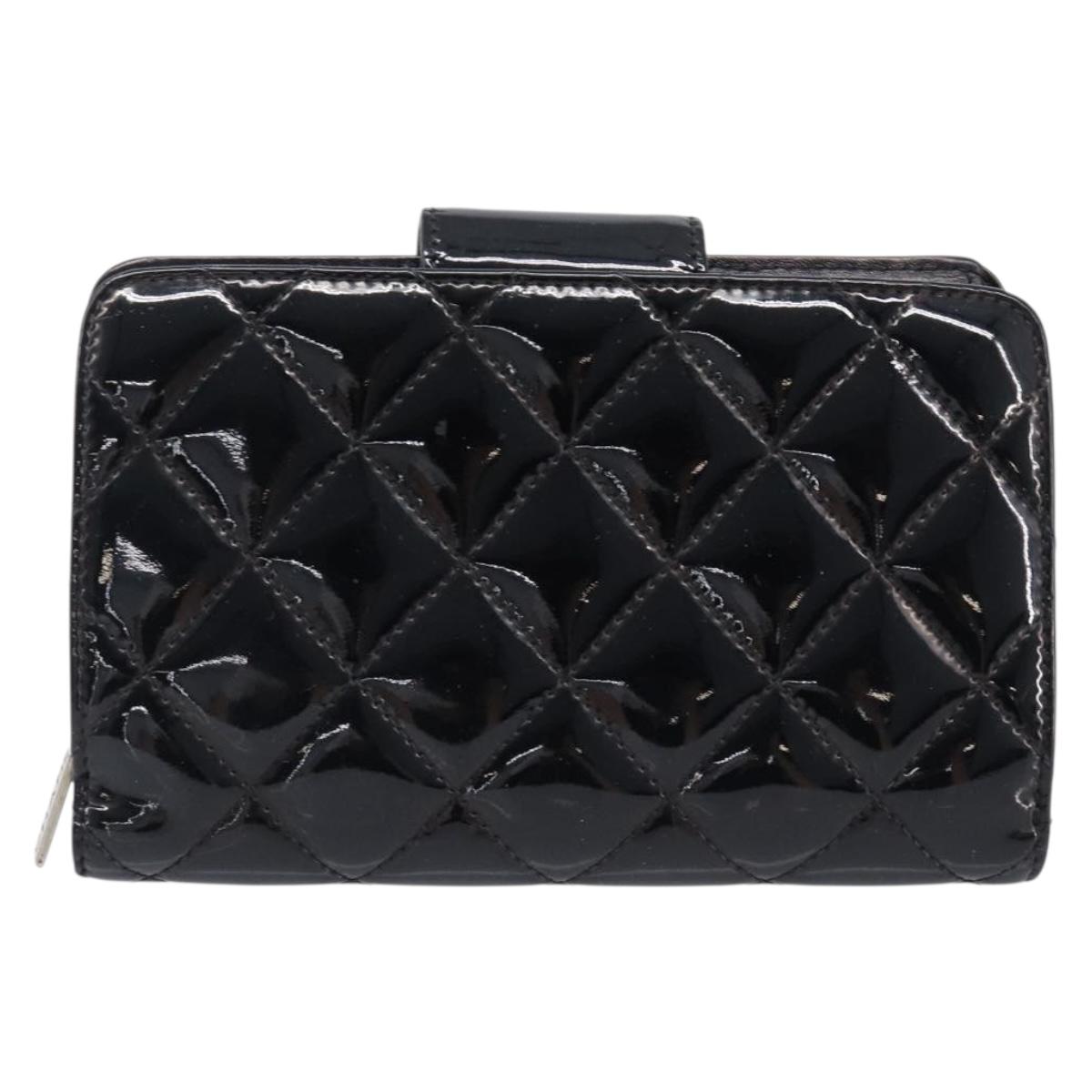 CHANEL Matelasse Wallet Patent Leather Black Silver CC Auth yk20916A
