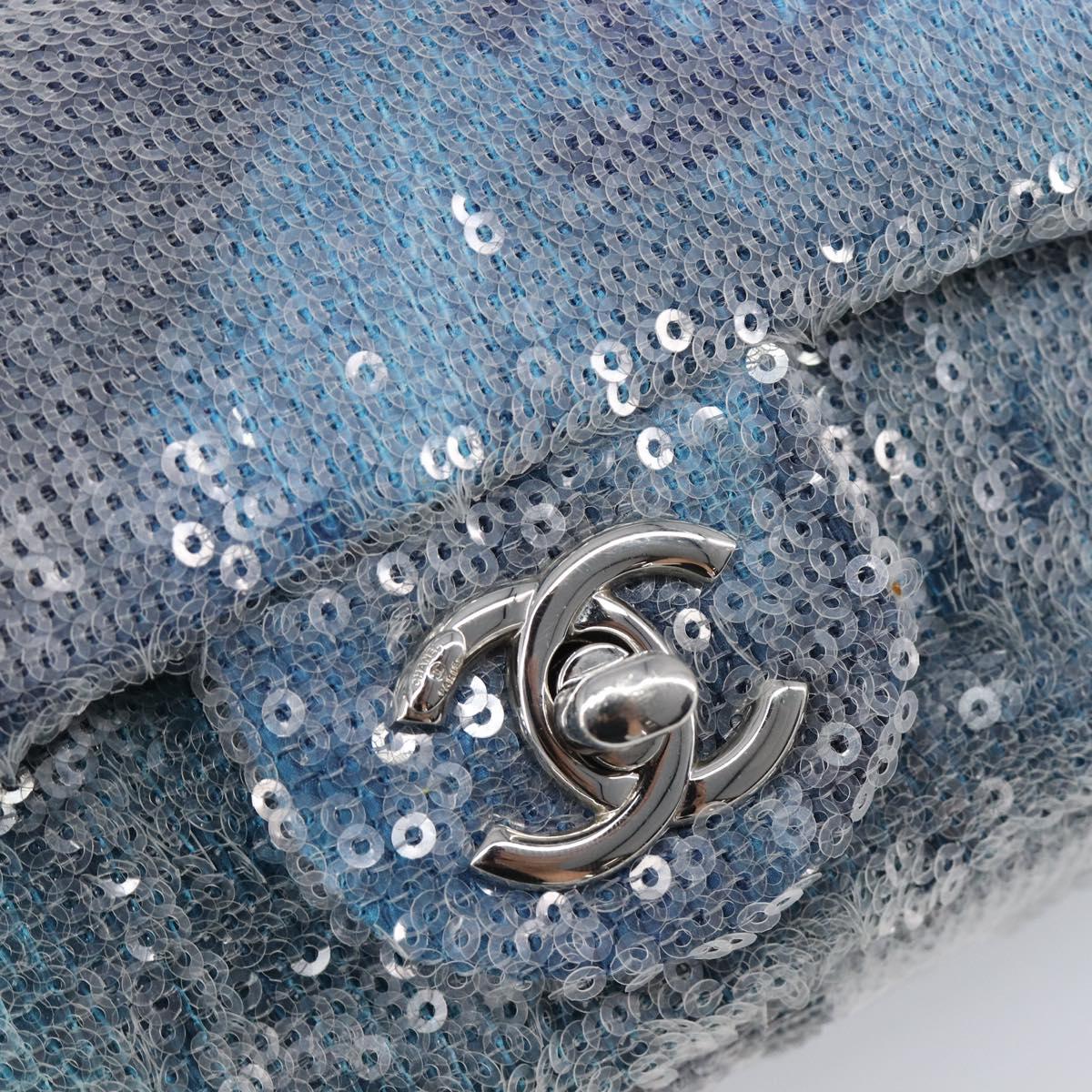 CHANEL Mini Matelasse Chain Shoulder Bag Sequin Blue Silver CC Auth yk20926M