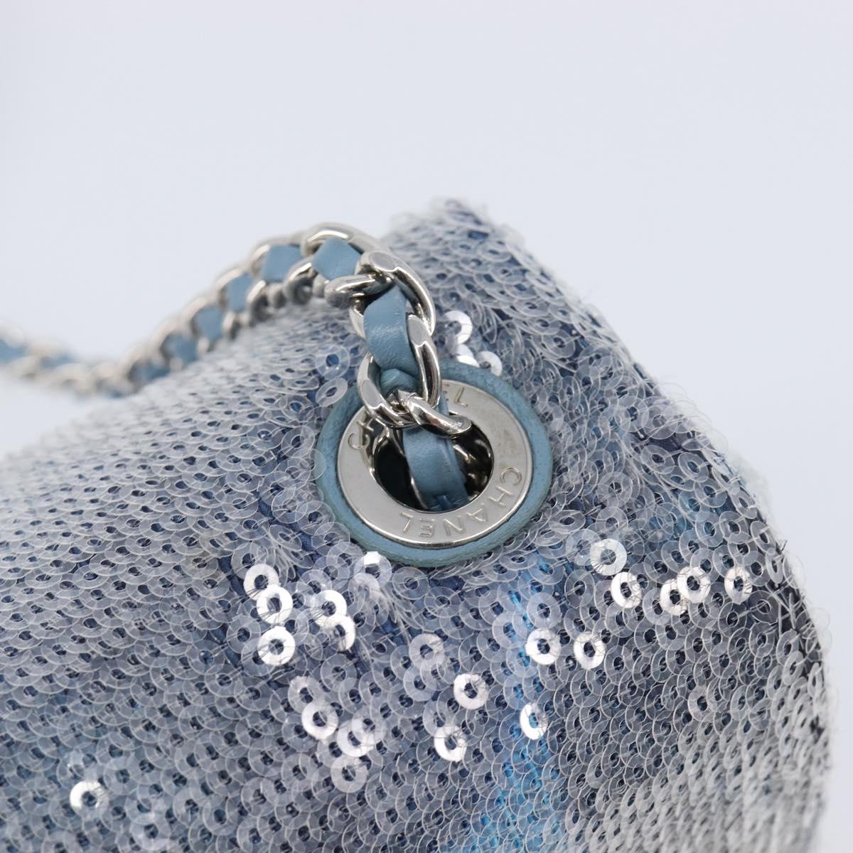 CHANEL Mini Matelasse Chain Shoulder Bag Sequin Blue Silver CC Auth yk20926M