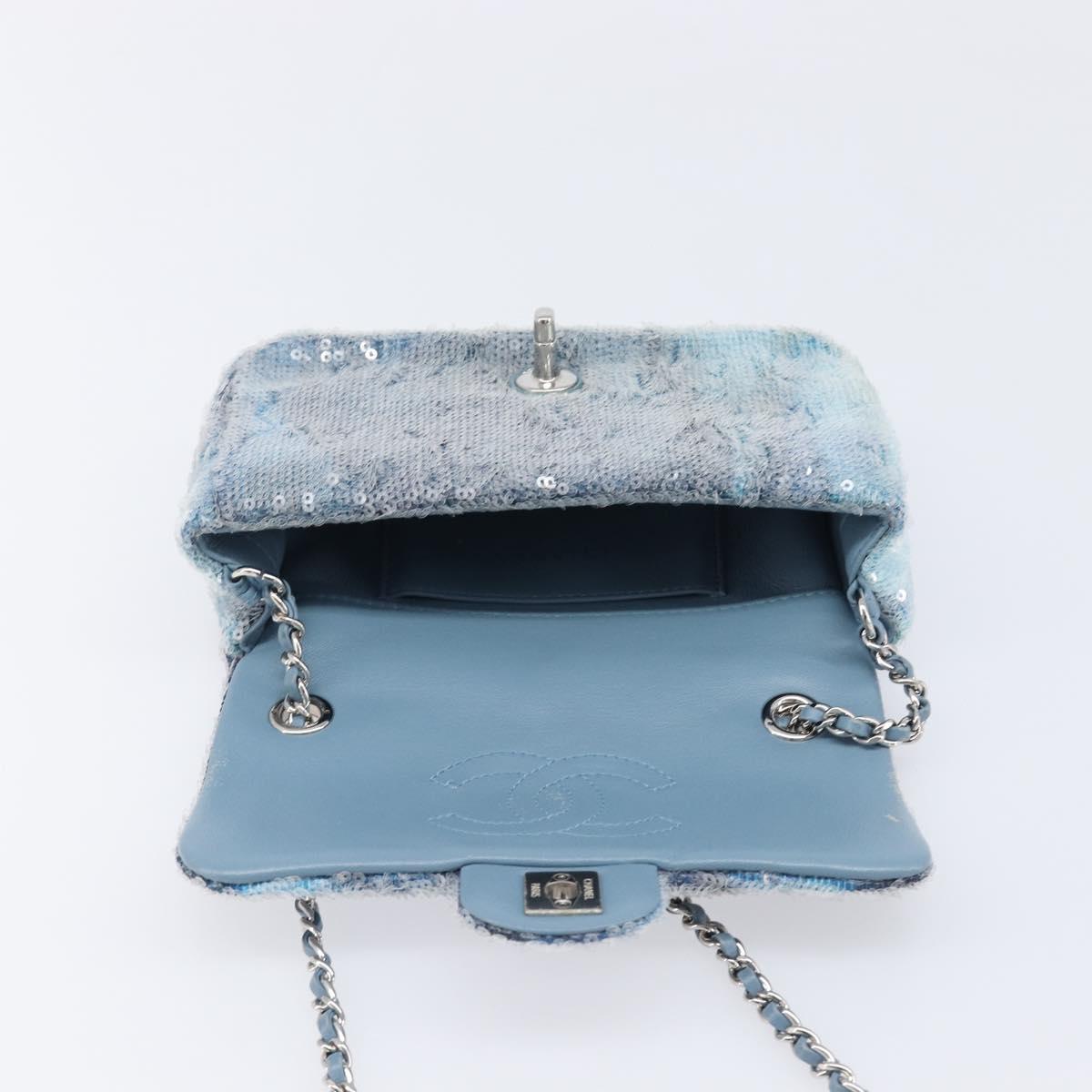 CHANEL Mini Matelasse Chain Shoulder Bag Sequin Blue Silver CC Auth yk20926M
