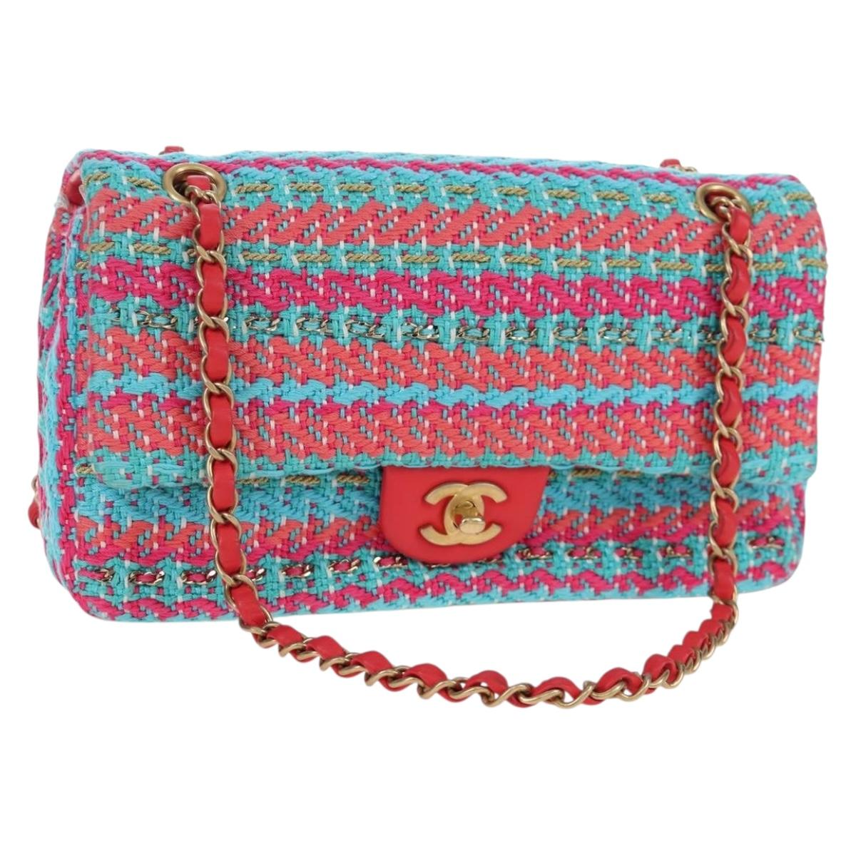 CHANEL Matelasse 25 Chain Hand Bag Tweed Pink Light Blue CC Auth yk20942SM