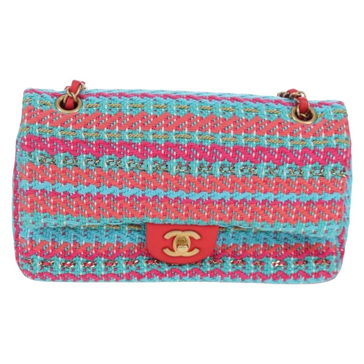 CHANEL Matelasse 25 Chain Hand Bag Tweed Pink Light Blue CC Auth yk20942SM