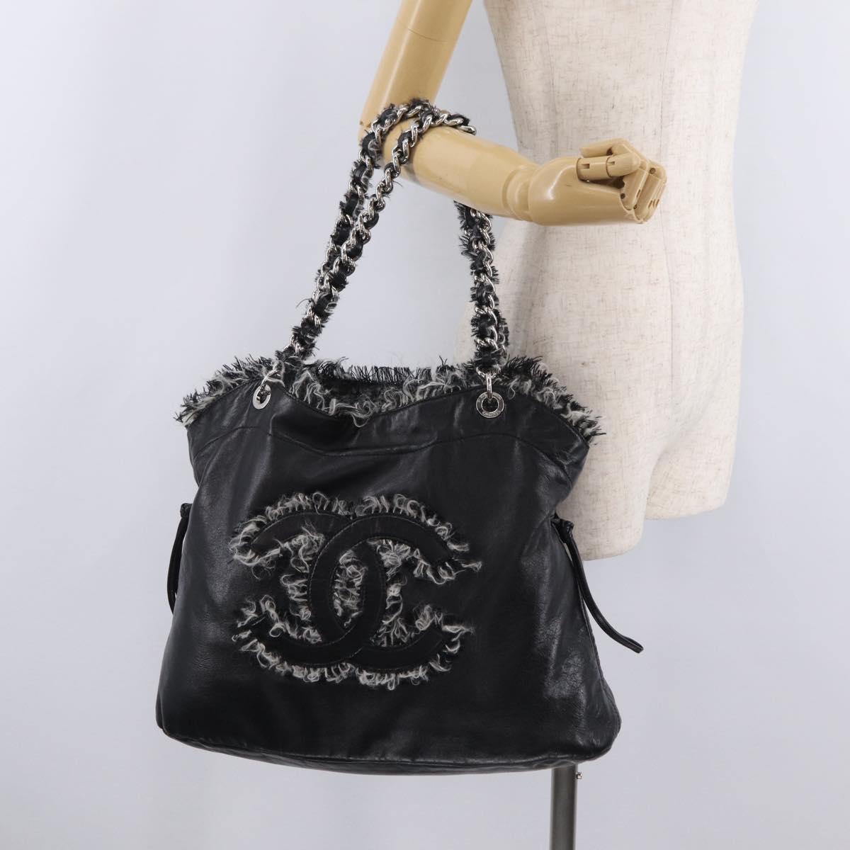 CHANEL COCO Mark Chain Tote Bag Leather Black Silver CC Auth yk20951SAV