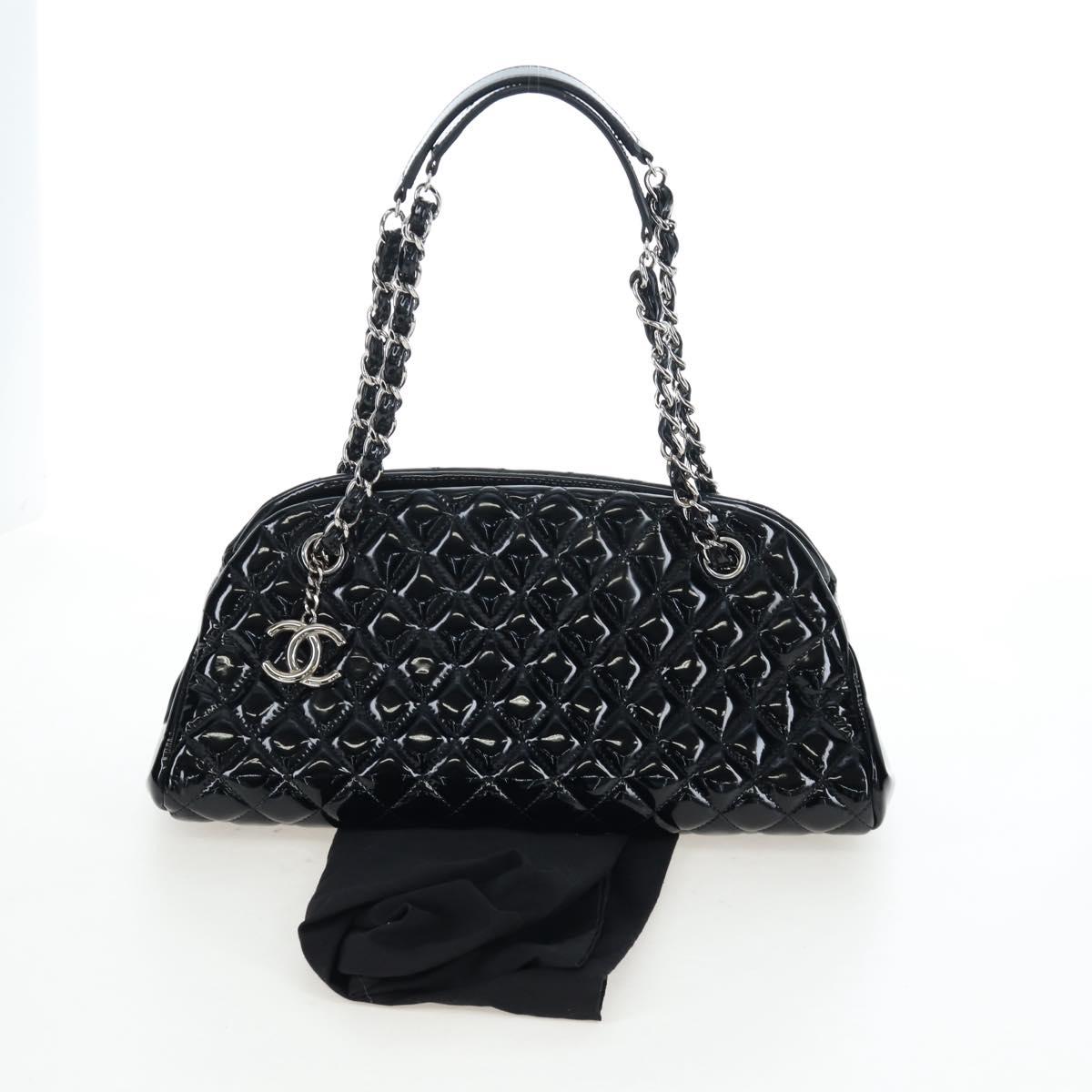 CHANEL Matelasse Mademoiselle Bowling Bag Patent Black Silver CC Auth yk20960V