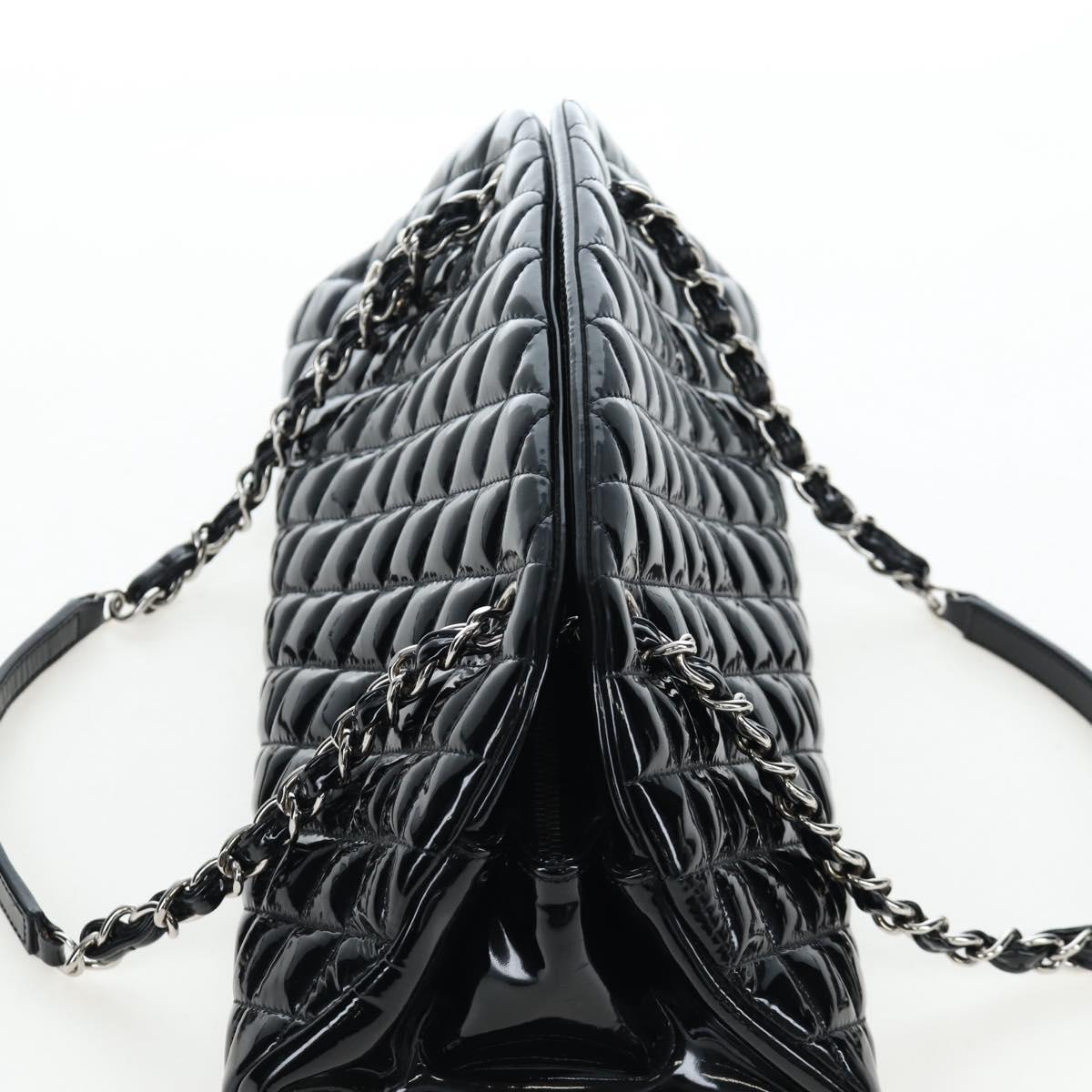 CHANEL Matelasse Mademoiselle Bowling Bag Patent Black Silver CC Auth yk20960V