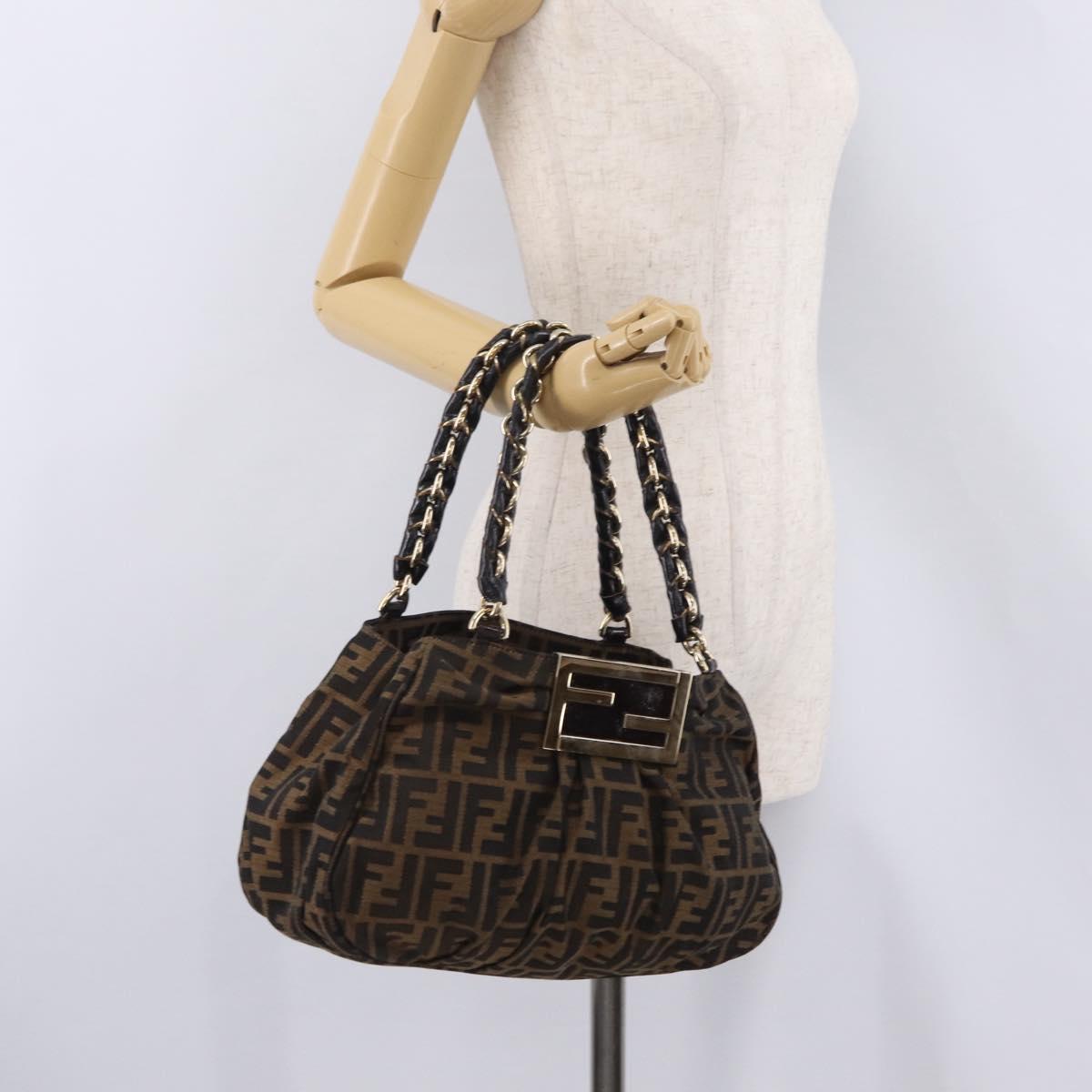 FENDI Zucca Canvas Chain Mia Hand Bag Black Brown Auth yk20978SAV