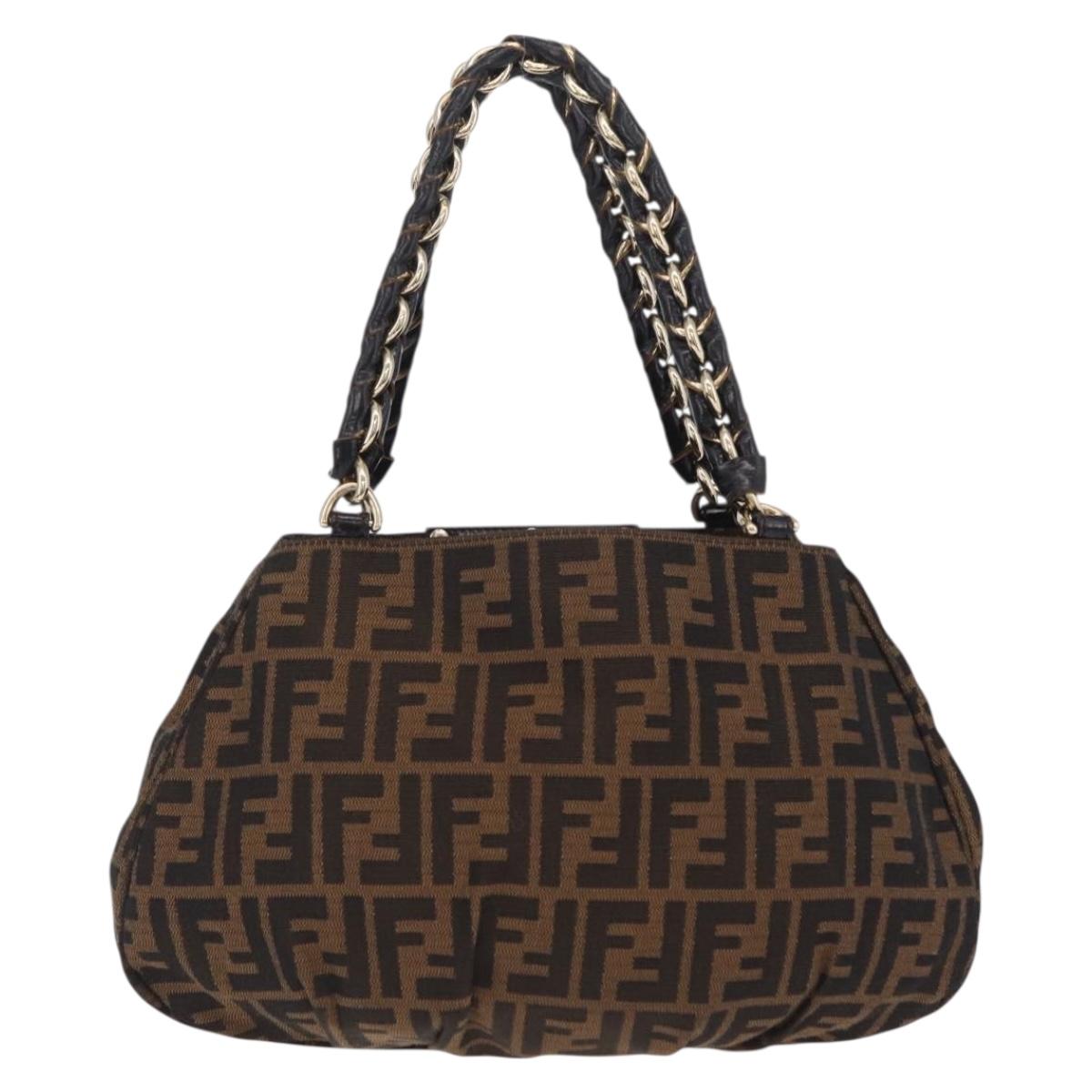 FENDI Zucca Canvas Chain Mia Hand Bag Black Brown Auth yk20978SAV