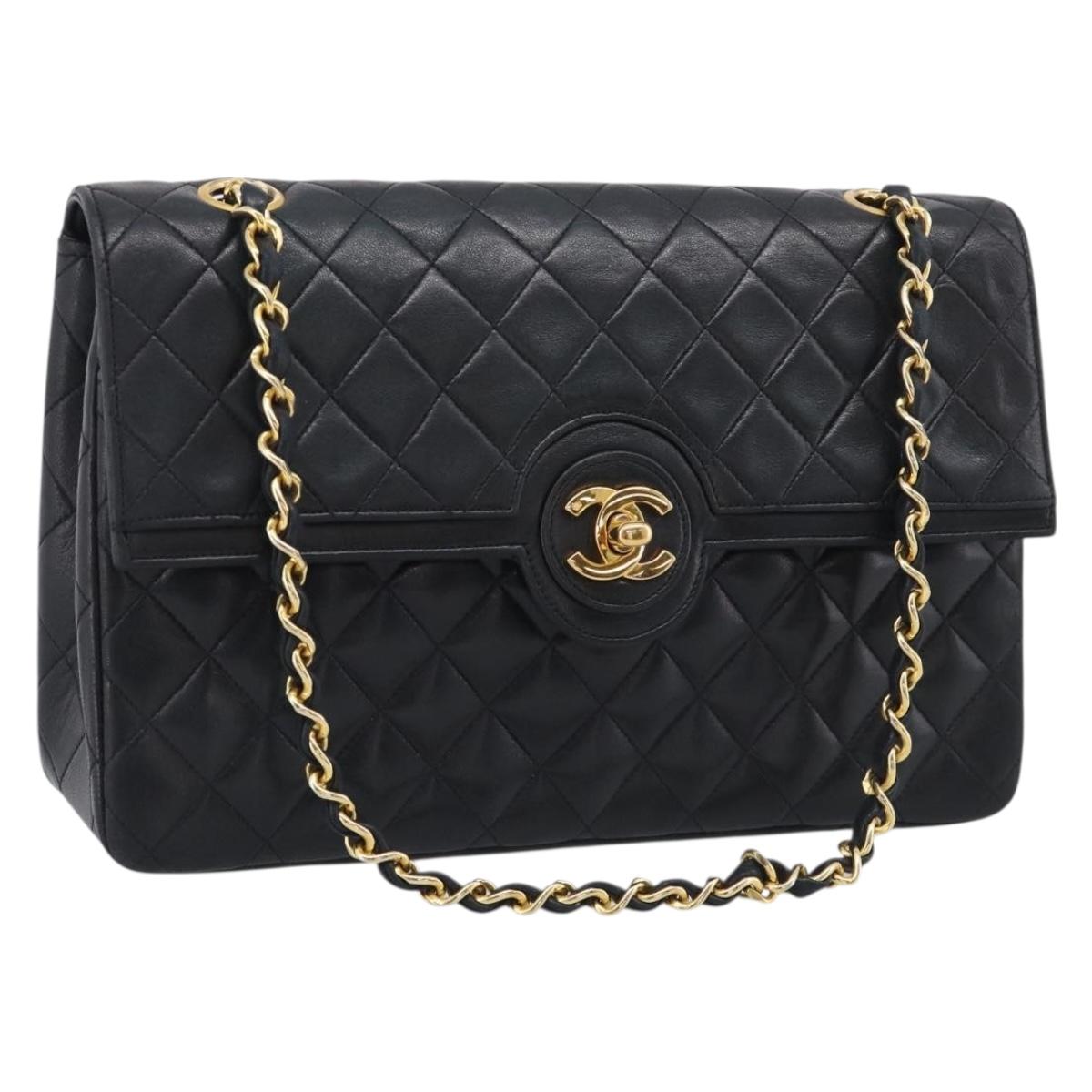 CHANEL Matelasse Chain Hand Bag Lamb Skin Black Gold Tone CC Auth yk21031M