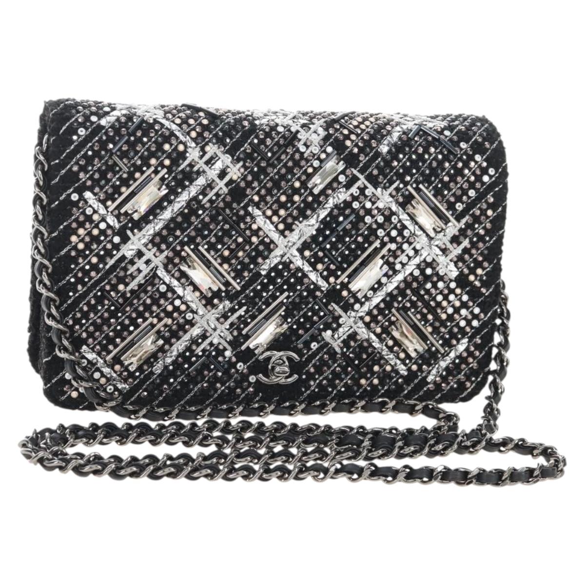 CHANEL Rhinestone Turn Lock Chain Bag Tweed Beads Black Silver CC Auth yk21033SM